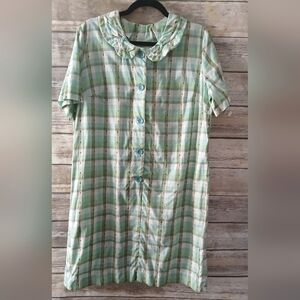 Green Plaid Button-Up Vintage House Dress With Collar, Fashion First Brand